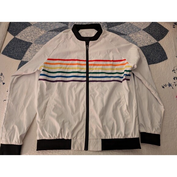 Harlow And Lloyd Mens Rainbow Striped Pride Bomber Jacket Size XXL - Picture 2 of 12